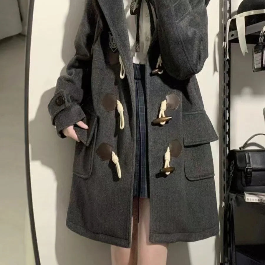 Japanese JK hooded woolen coat with horn button, loose fit, solid colour, black or dark gray