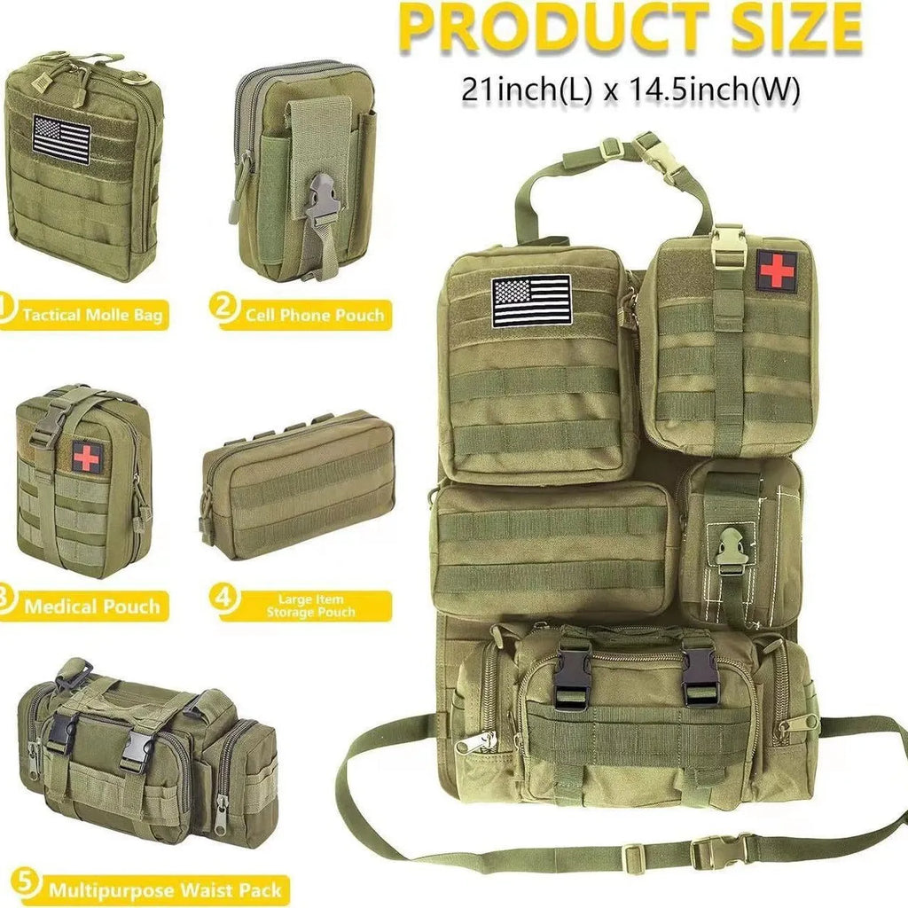 Six-piece car rear storage bag set in black, army green or khaki fabric with hanging handle