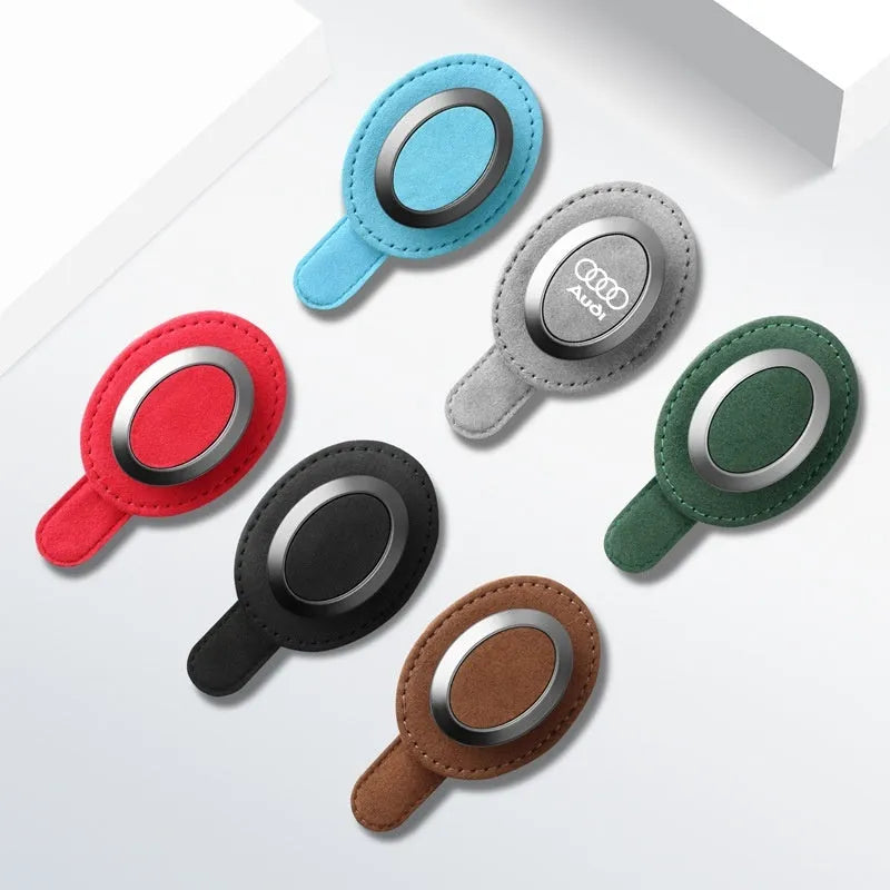 Suede car sun visor glasses clip, 11 x 5cm, in black, blue, brown, gray, green or red, without logo