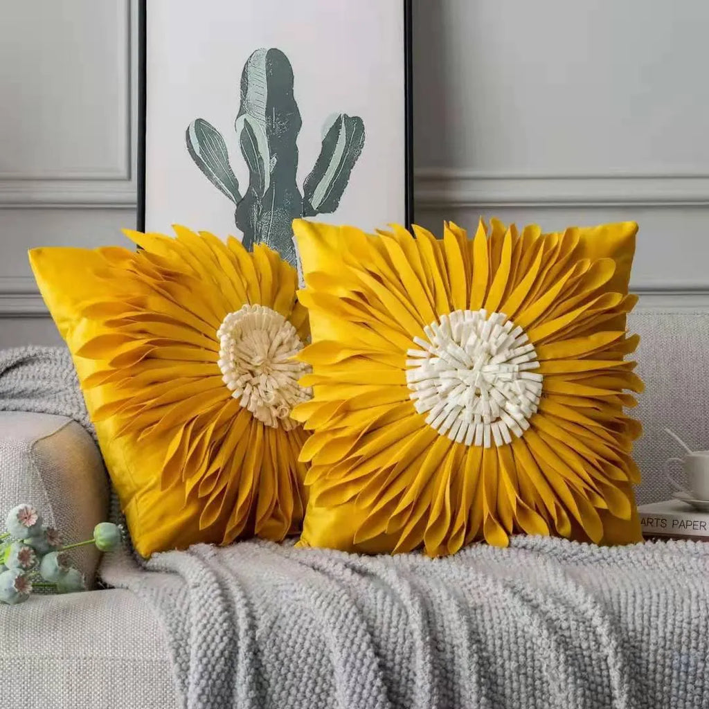 Blue velvet cushion cover with tufted chrysanthemum pattern, 45x45cm, fringed hem