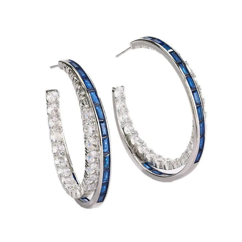 Silver needle geometric ring earrings with zirconia in red corundum or blue spinel, one pair for women