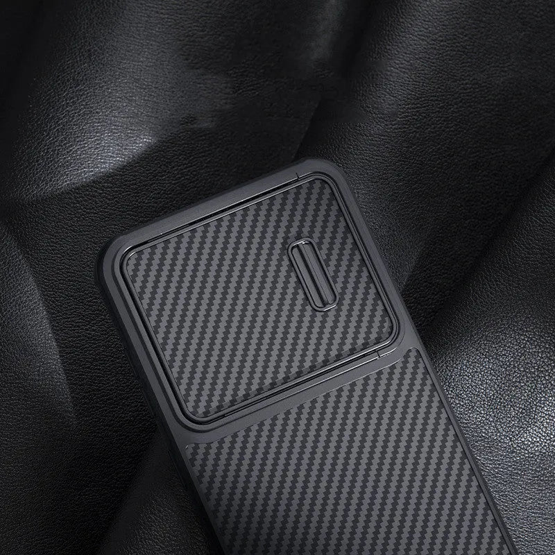 Black Samsung S23 Ultra phone case with a flip-up lens cover protecting the rear cameras.