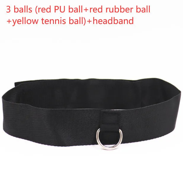 Head-mounted boxing reaction training ball set with adjustable headbands and multiple coloured balls on a white background.