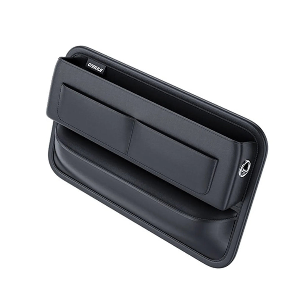 Black PU leather car seat gap storage box with sponge filling, filling seat gap, cable hole for charging, universal fit.