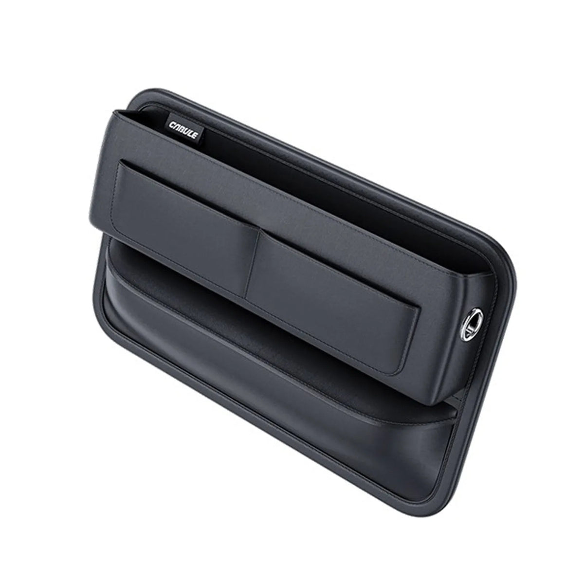 Black PU leather car seat gap storage box with sponge filling, filling seat gap, cable hole for charging, universal fit.