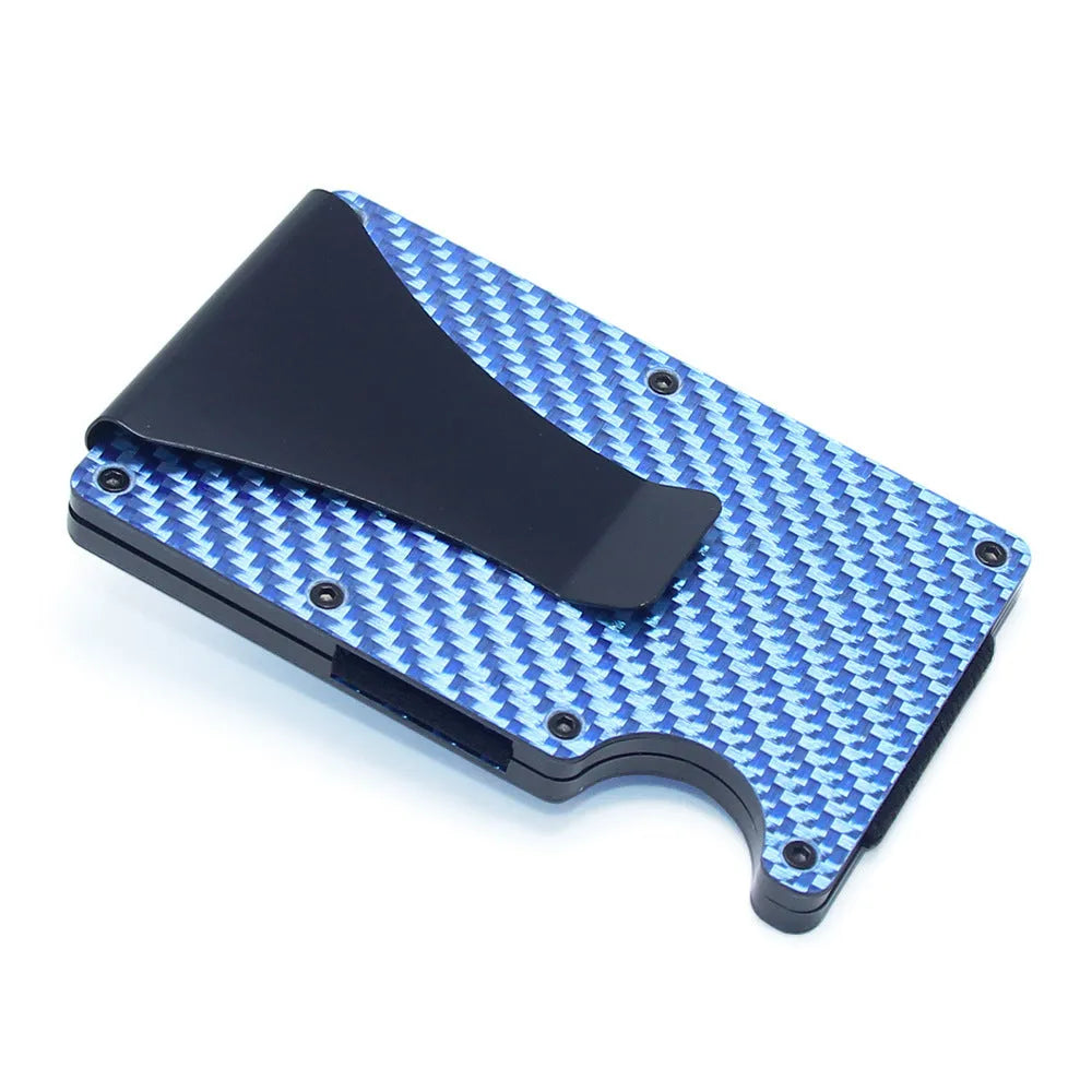 Geometric carbon fibre card holder showing 8mm thickness with capacity for multiple bank cards