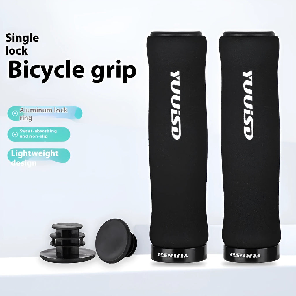 A pair of soft sponge mountain bike handlebar grips in biange colour, showcasing their lightweight 41g design.
