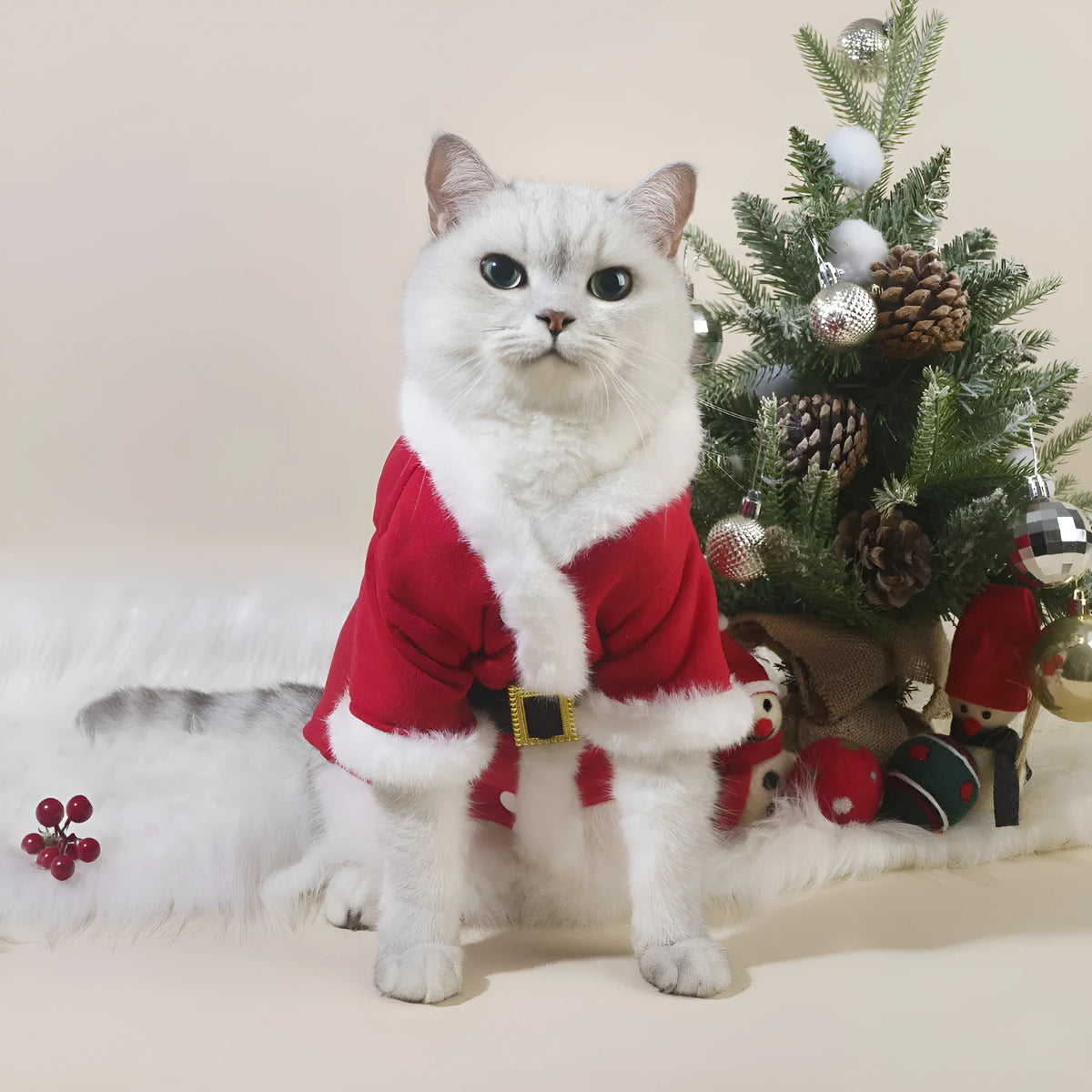 Red polyester Christmas pet clothing for cats and dogs on a plain background