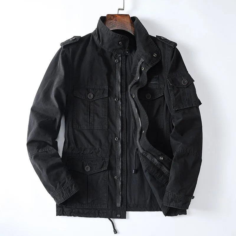 Men's loose-fit cotton jacket in light army green colour with a zip front and retro style.