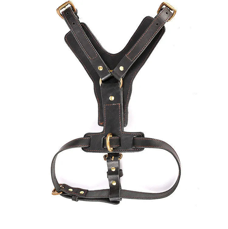 Black cowhide leather dog chest harness set with automatic traction rope and 360° chest and back surround