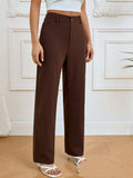 Women's dark brown elastic waist pleated straight trousers with side pockets, polyester fabric