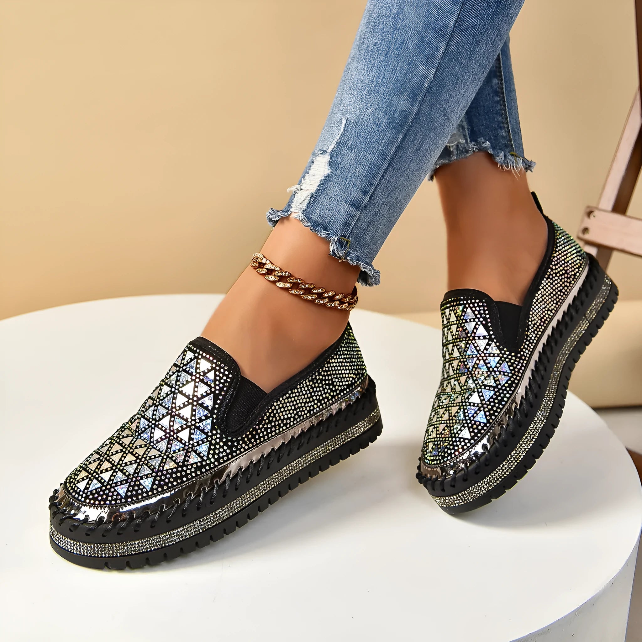 Suede casual sneakers with rhinestone decoration and thick rubber sole in beige colour
