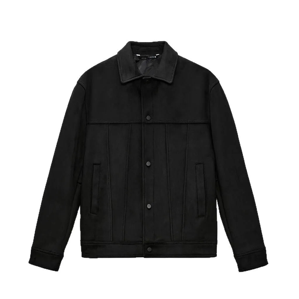 Black men's hooded jacket with a suede collar and side-seam pockets.