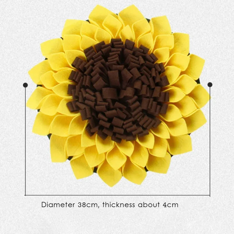 Yellow sunflower-shaped dog snuffle mat with rope and buckle for slow feeding and nosework training.