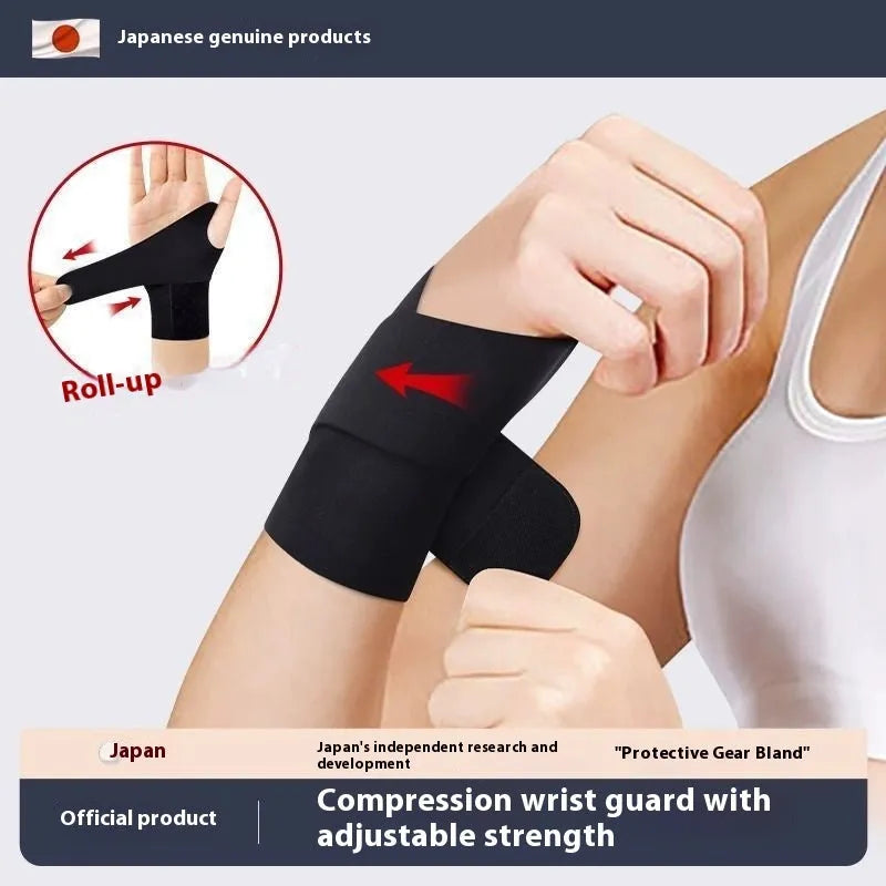 Adjustable black athletic wristguard shown on a wrist, suitable for badminton, tennis and volleyball.