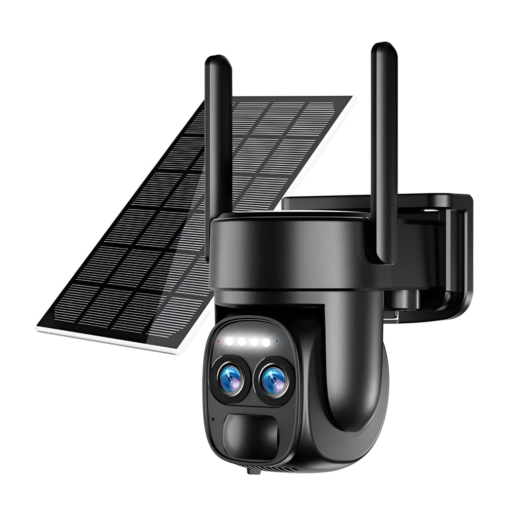 Solar panel security camera mounted outdoors with 8x zoom lens.