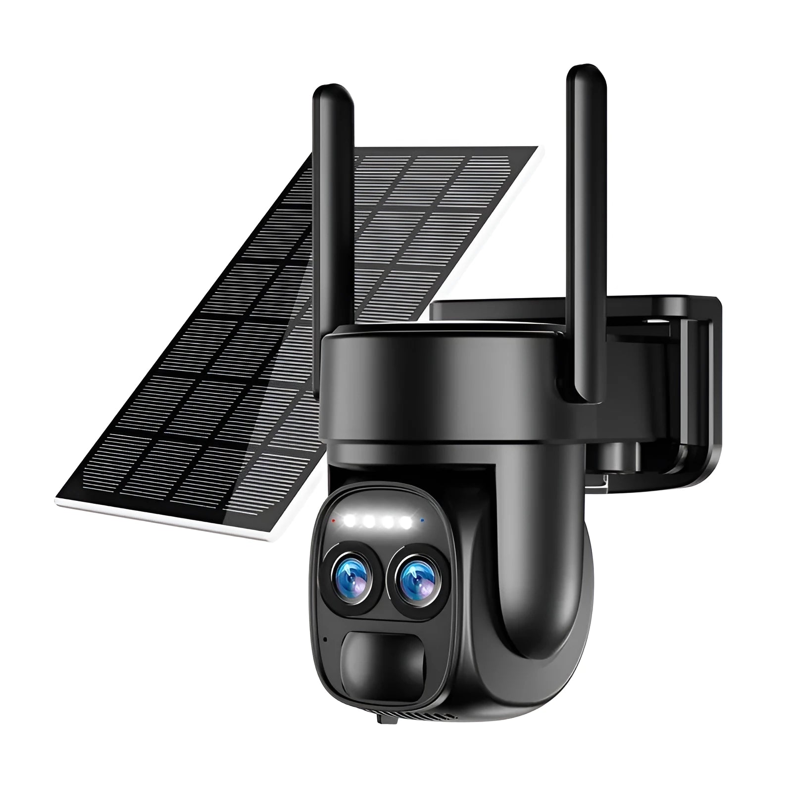 Solar panel security camera mounted outdoors with 8x zoom lens.