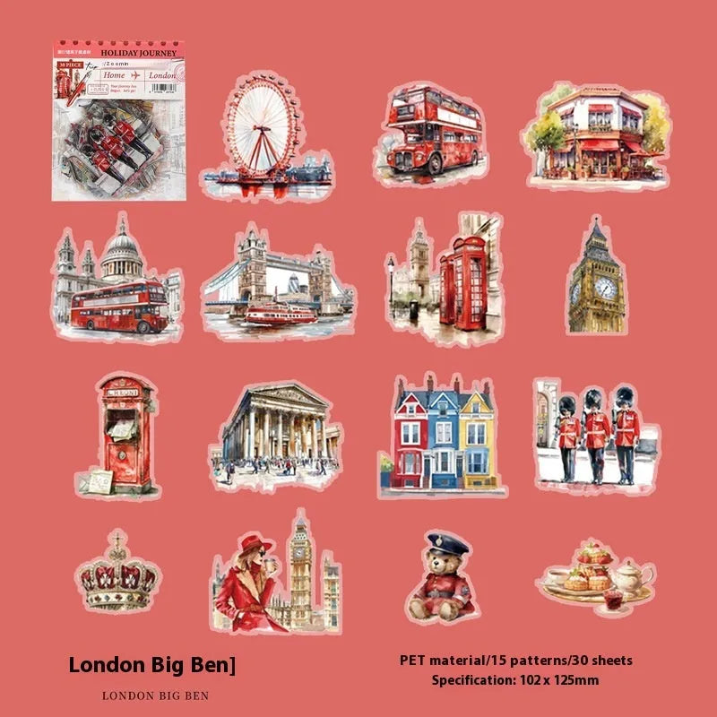 Holiday Journey Series architecture journal stickers with seven landmark designs in retro style