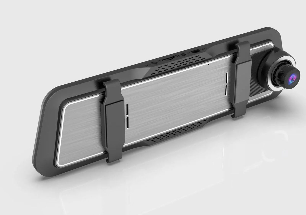 Black dual-lens car dash cam with a large touchscreen mounted on a rearview mirror