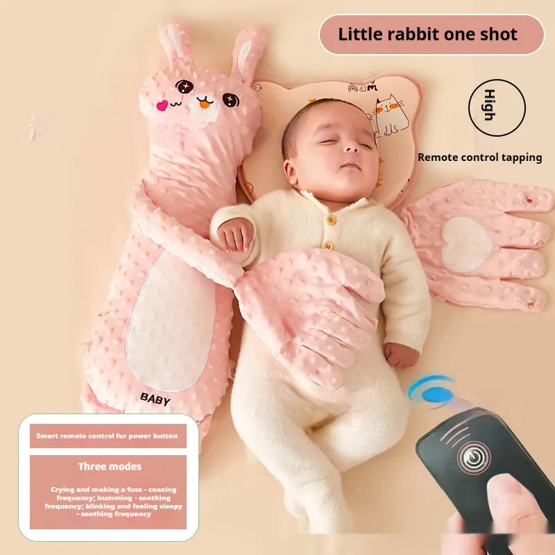Soothing baby sleeping pillow animal doll in plush fabric, available in dinosaur, rabbit, geese, or deer design for infants 0-3 years