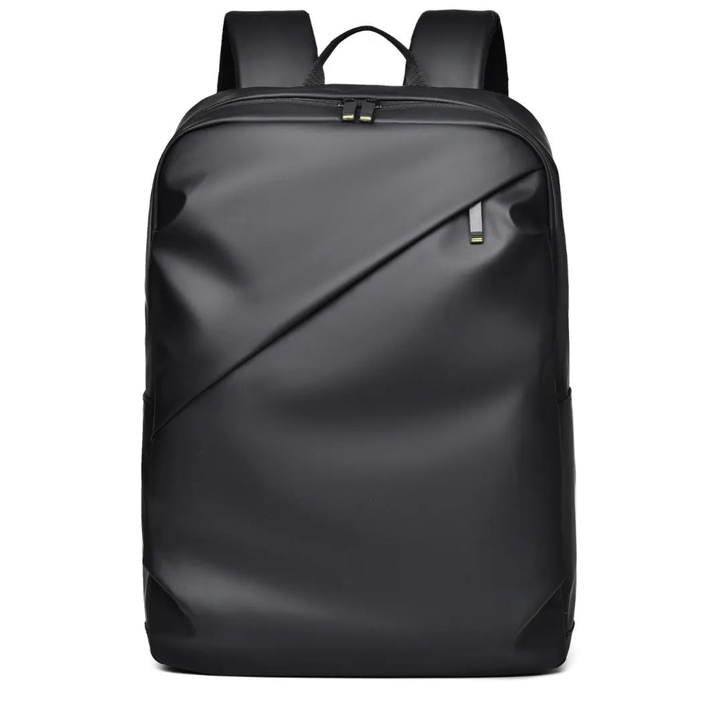 Simple black PU leather backpack with visible sewing thread detailing and large storage capacity