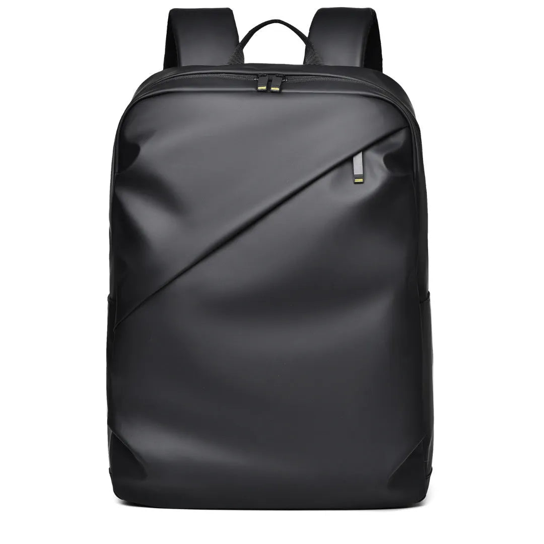 Simple black PU leather backpack with visible sewing thread detailing and large storage capacity