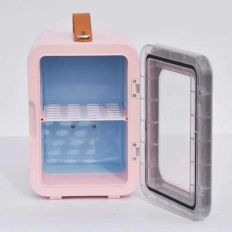 Pink dual-use mini refrigerator with transparent door showing 6L capacity for car and home cooling and heating