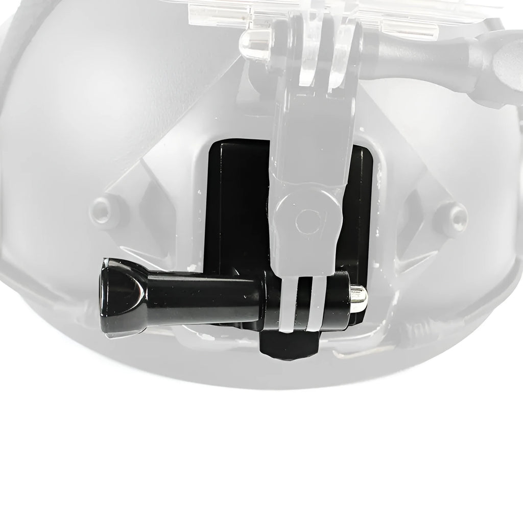 Black aluminium alloy and plastic GoPro helmet mount extension rod with quick-release bracket.