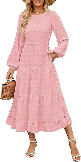 Beige casual long sleeve dress with ruffled sleeves and a high waist on a hanger