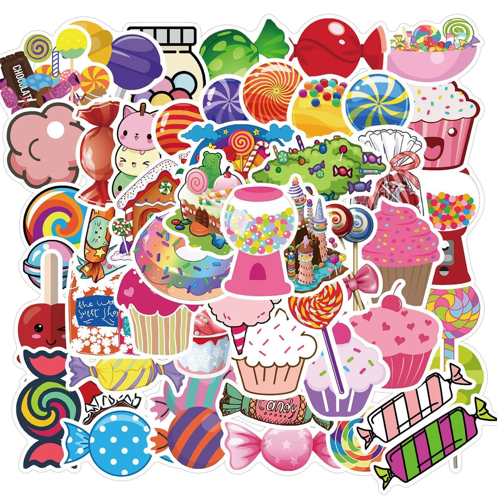 Pack of 50 colourful candy graffiti cartoon stickers measuring 4-6cm on pink background