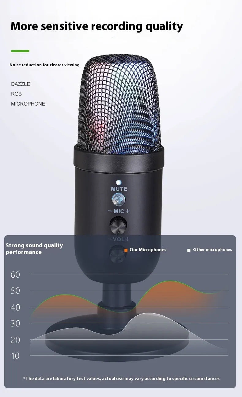 Black USB microphone with RGB lighting for computer and mobile streaming, gaming, and recording