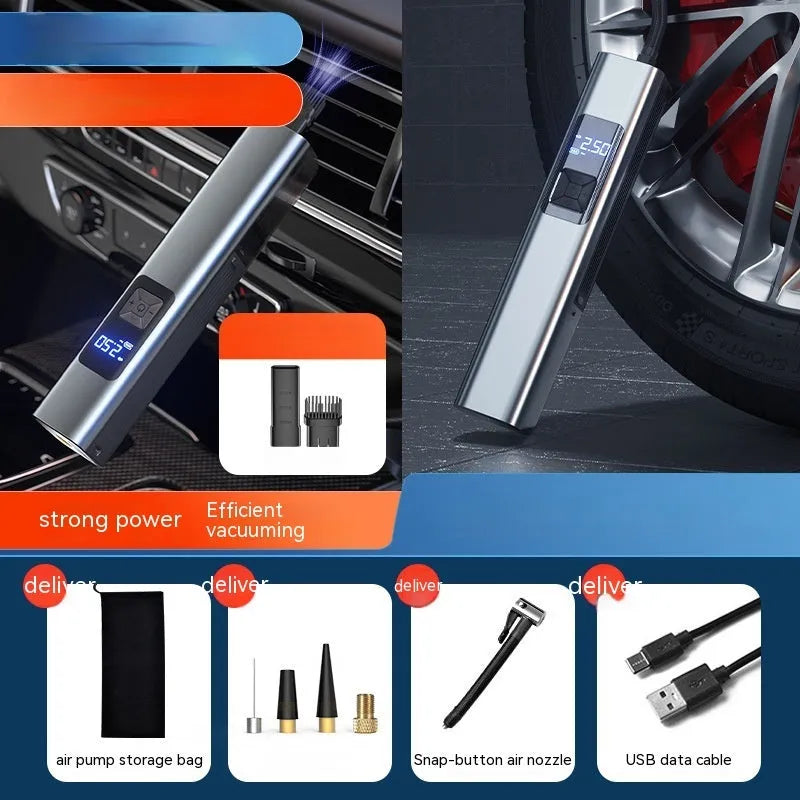 Wireless car inflator pump with digital display, vacuum cleaner attachment and emergency lighting functions