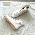 High-top microfibre board shoes with platform sole and lace-up closure, white colourway