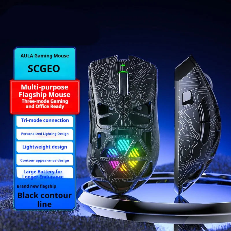 Wireless three-mode mouse with hollowed-out design in black contour finish on desk with cable