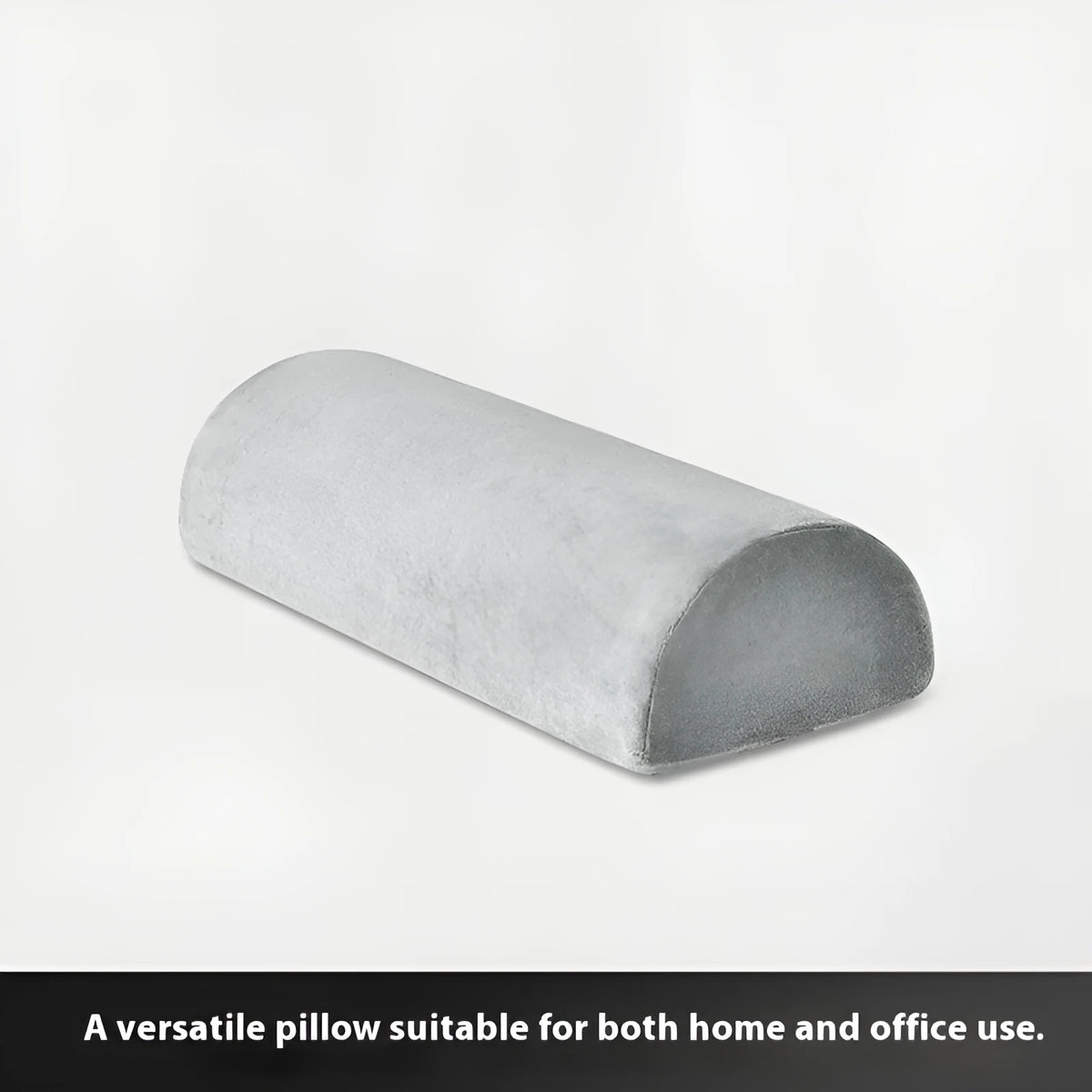 Grey crystal velvet half cylinder foot pillow, 42 x 18 x 10cm, with memory foam filling for under-desk use.