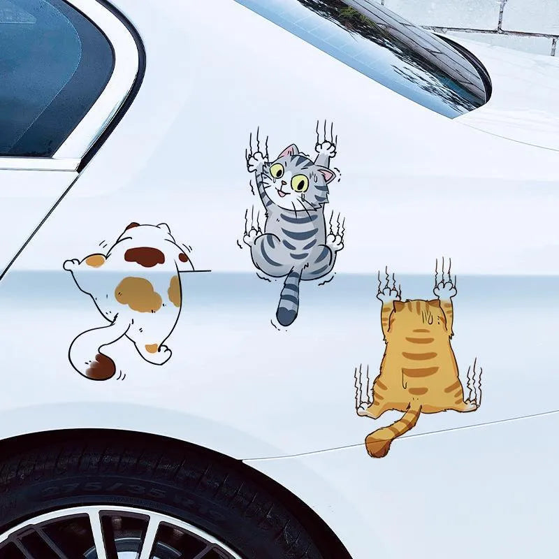 Three cat cartoon vinyl stickers for car doctor blade covers with adhesive tool, available in multiple sizes