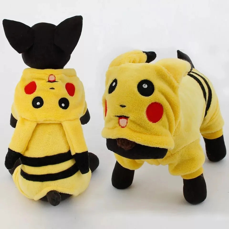 A small dog or cat wearing a soft fleece hoodie coat in a cosplay style.
