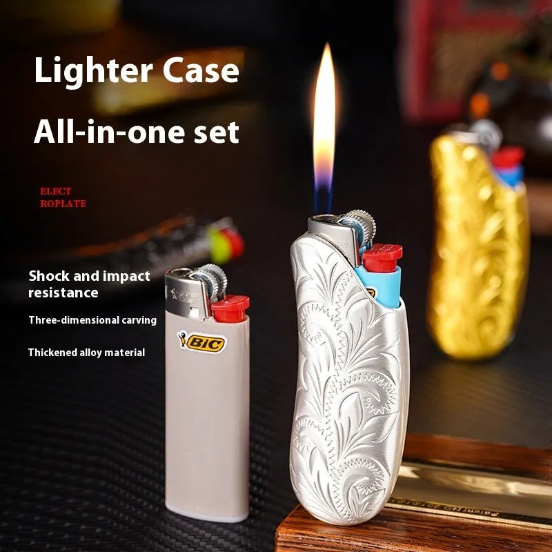 Banana shape zinc alloy gas lighter protective shell, 90 x 30 x 15mm, with metal toe cap guard and silver plated finish