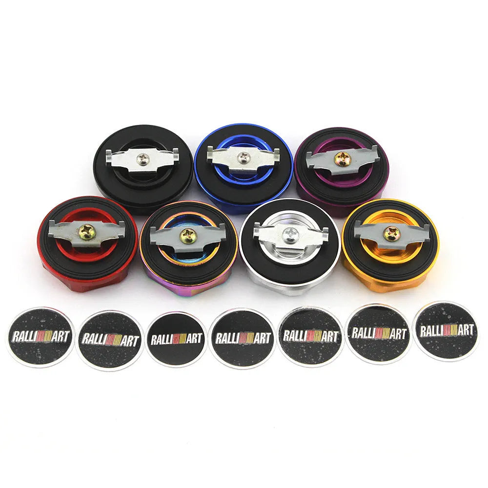 Aluminium alloy oil filter cap for some Mitsubishi models, shown in red, blue, gold, silver, black, and purple.