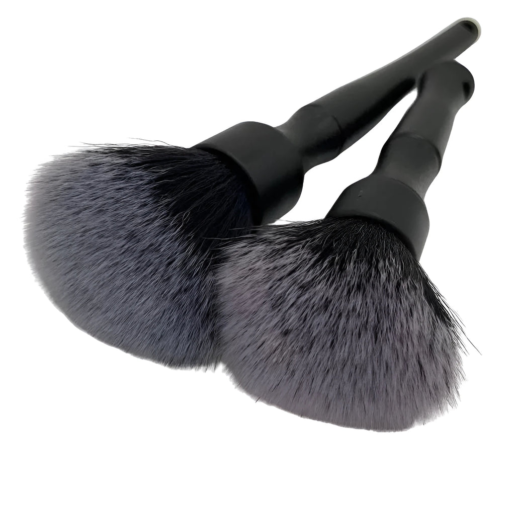 Black car detailing brush with ultra-soft pig hair bristles for gentle interior cleaning