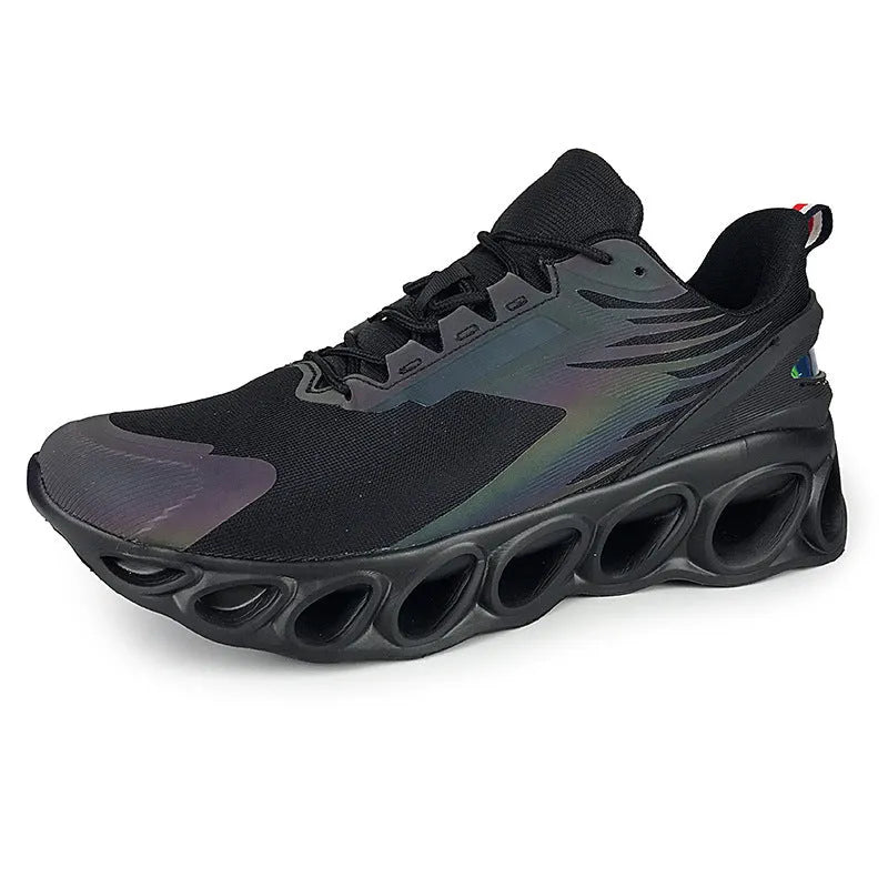 Men's casual mesh sports shoes in black, white, or dark blue with lace-up closure and round toe