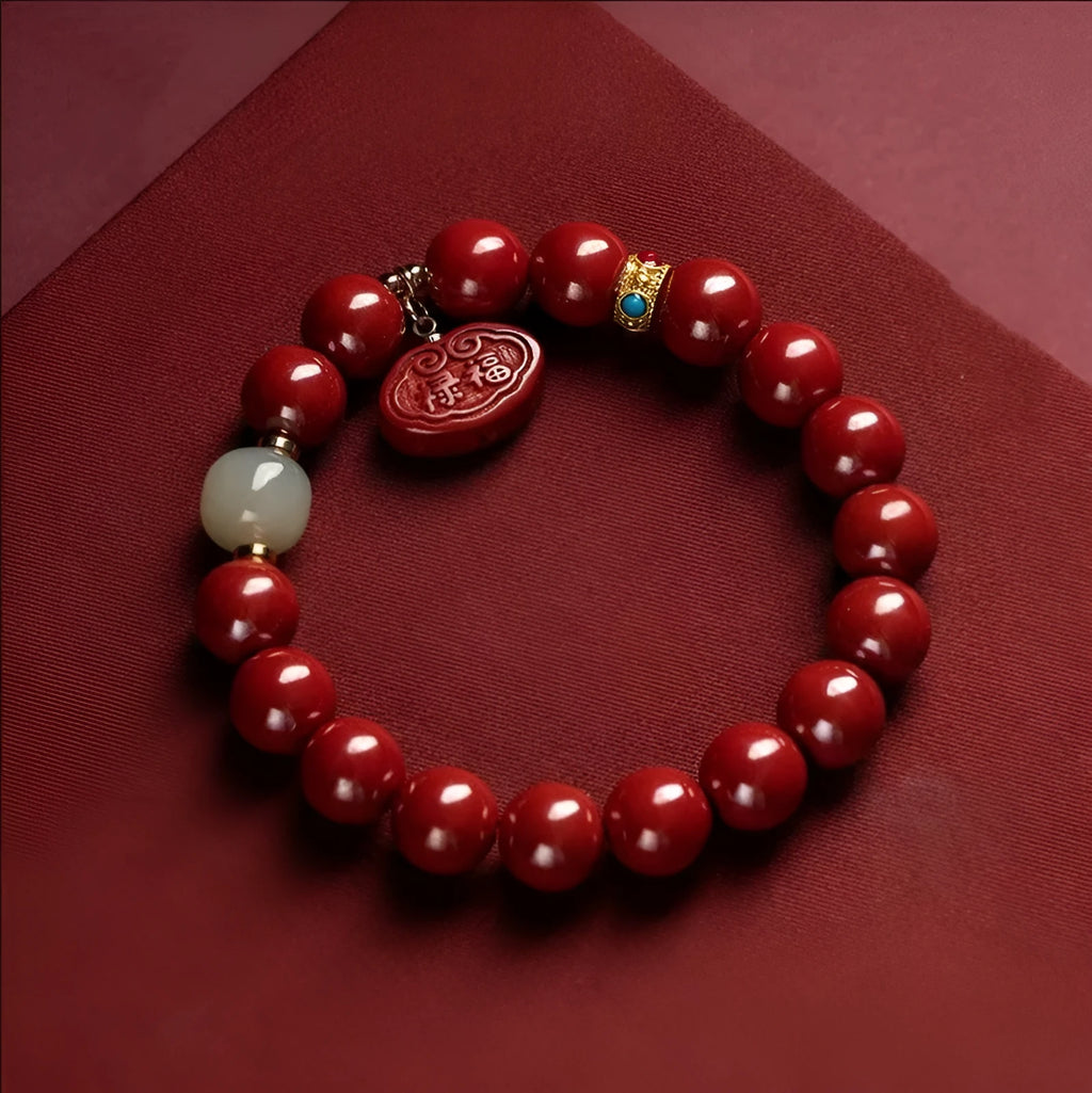 Red cinnabar bracelet with Ping An Fu Lu design in Emperor sandstone style showing 8mm and 10mm size options