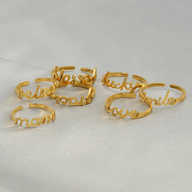 Gold electroplated stainless steel adjustable open ring with letter design, unisex style
