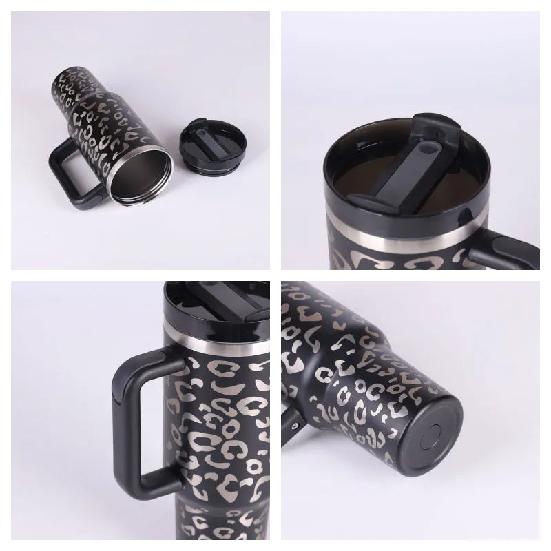 40 oz insulated stainless steel tumbler with handle straw and spill proof lid in a tapered design for car or gym use