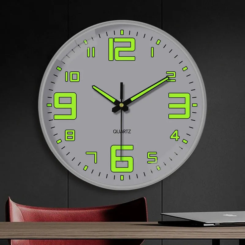 8 inch luminous wall clock with modern white plastic shell on a wall.