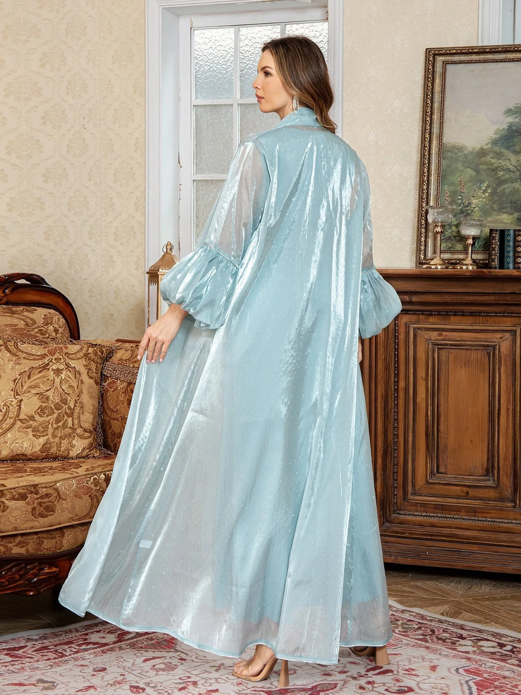 Blue Arabic style two-piece evening dress with rhinestone detail and long sleeves