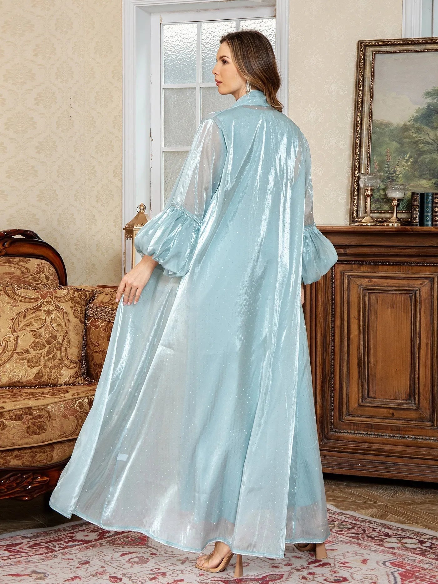 Blue Arabic style two-piece evening dress with rhinestone detail and long sleeves