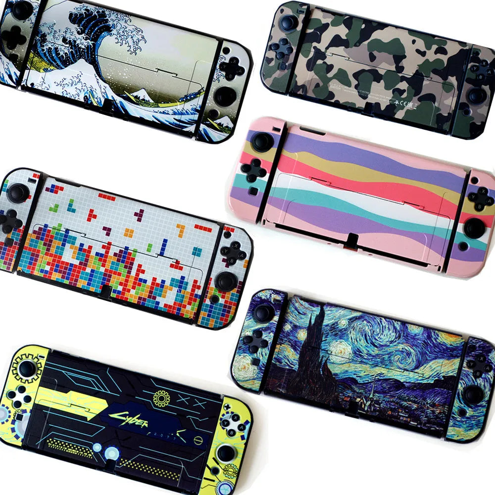 Nintendo Switch OLED hard protective case in a camouflage pattern style with two analogue caps.
