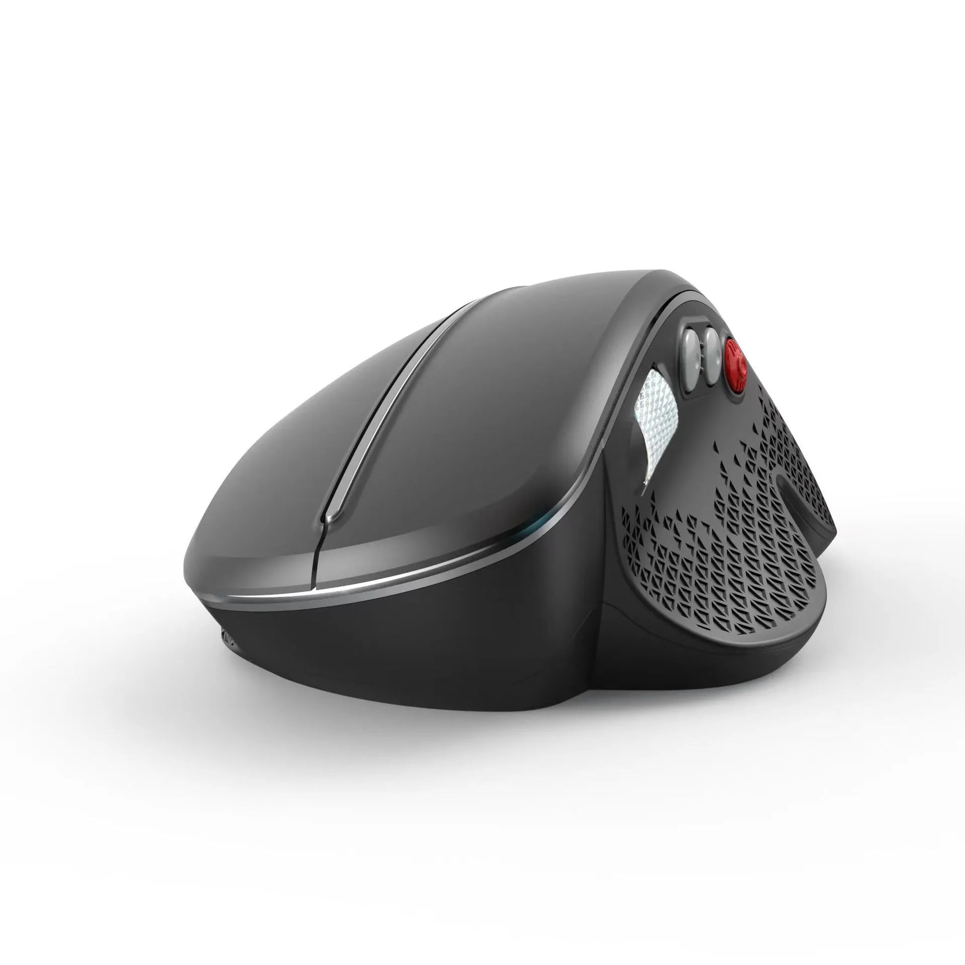 T32 wireless vertical ergonomic mouse in black matte finish showing aluminium side roller and six-button layout
