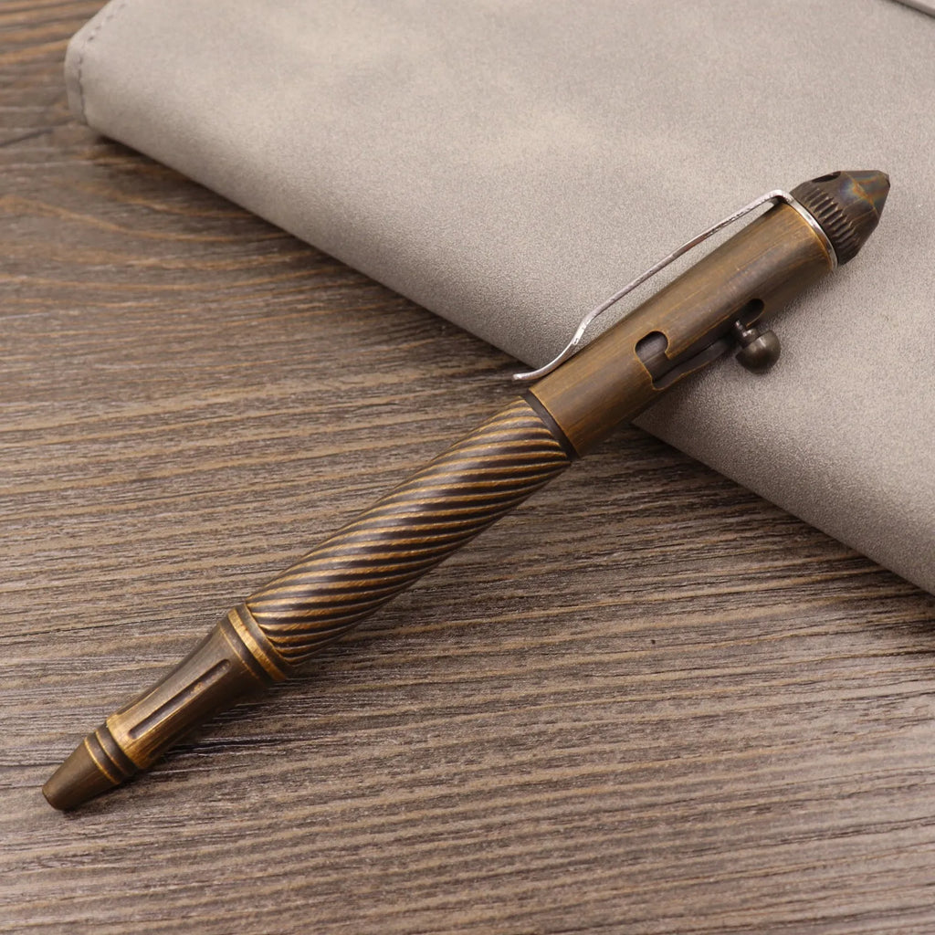Brass tactical pen with retro colour and bolt-action press mechanism